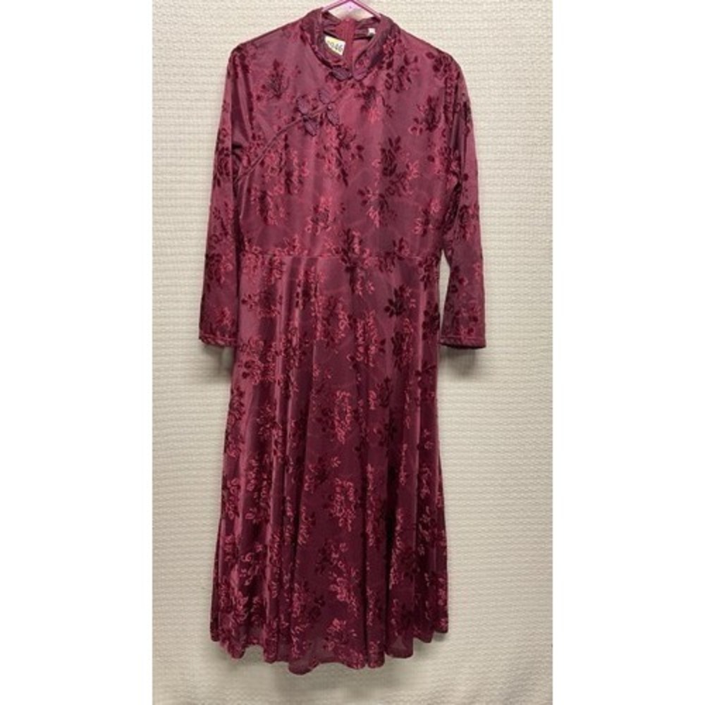 Dajia Red Floral Burnout Velvet Chinese Qipao Cheongsam Midi Dress Women M China
